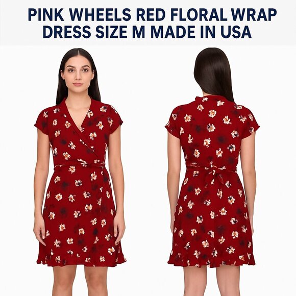 Pink Wheels Red Floral Wrap Dress Size M Made in USA - Picture 1 of 9